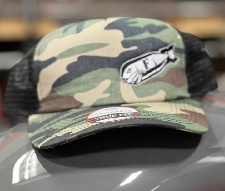 F BOMB CAMO TRUCKER HAT