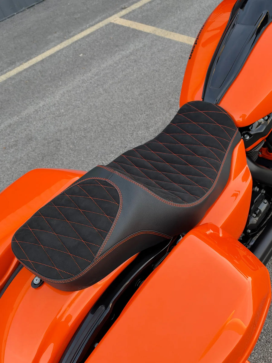 INFERNO Sinister two-up seat in Alcantara and leather with orange stitching