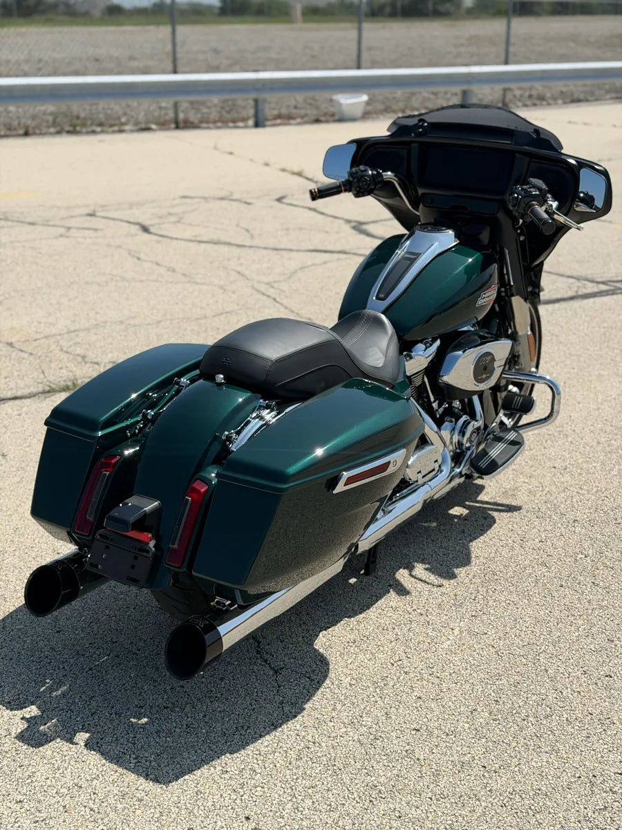 SWITCH - 2024 Harley-Davidson Street Glide, rear three-quarter from above, saddlebags and dual slip-ons