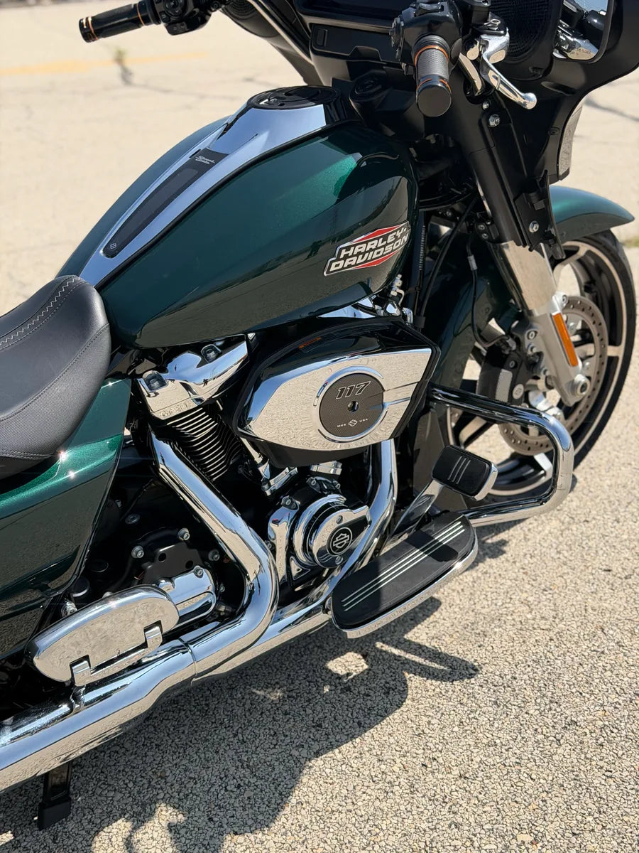 SWITCH - 2024 Harley-Davidson Street Glide, 117ci Milwaukee-Eight engine and tank badge close up